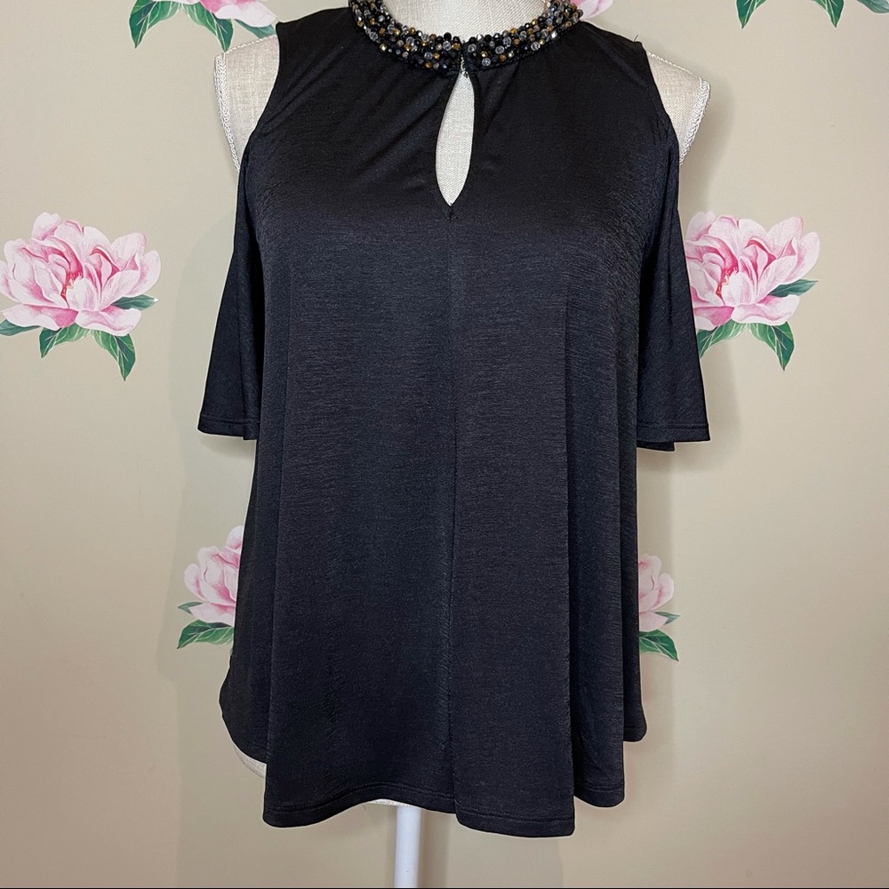Jenifer Lopez Cold Shoulder Top Beaded Collar. -P-44